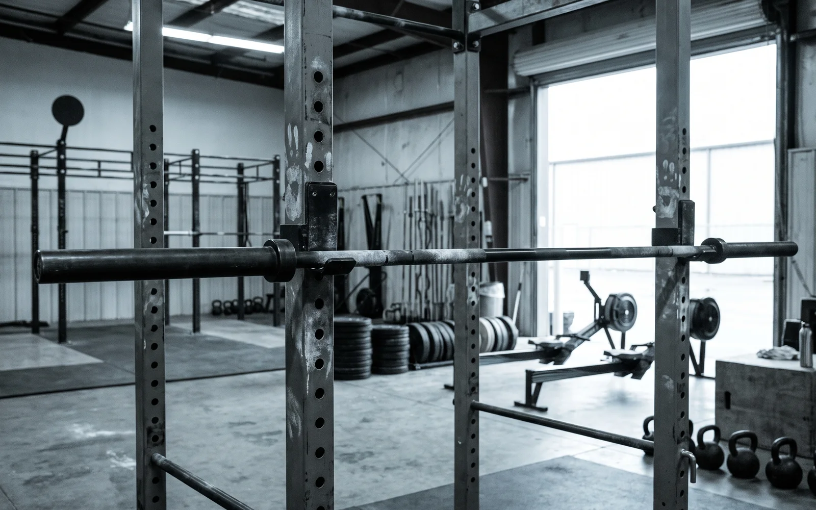 Chalk handprints on the uprights of a steel squat rack holding an empty barbell, a warehouse gym with rowers and kettlebells beyond.
