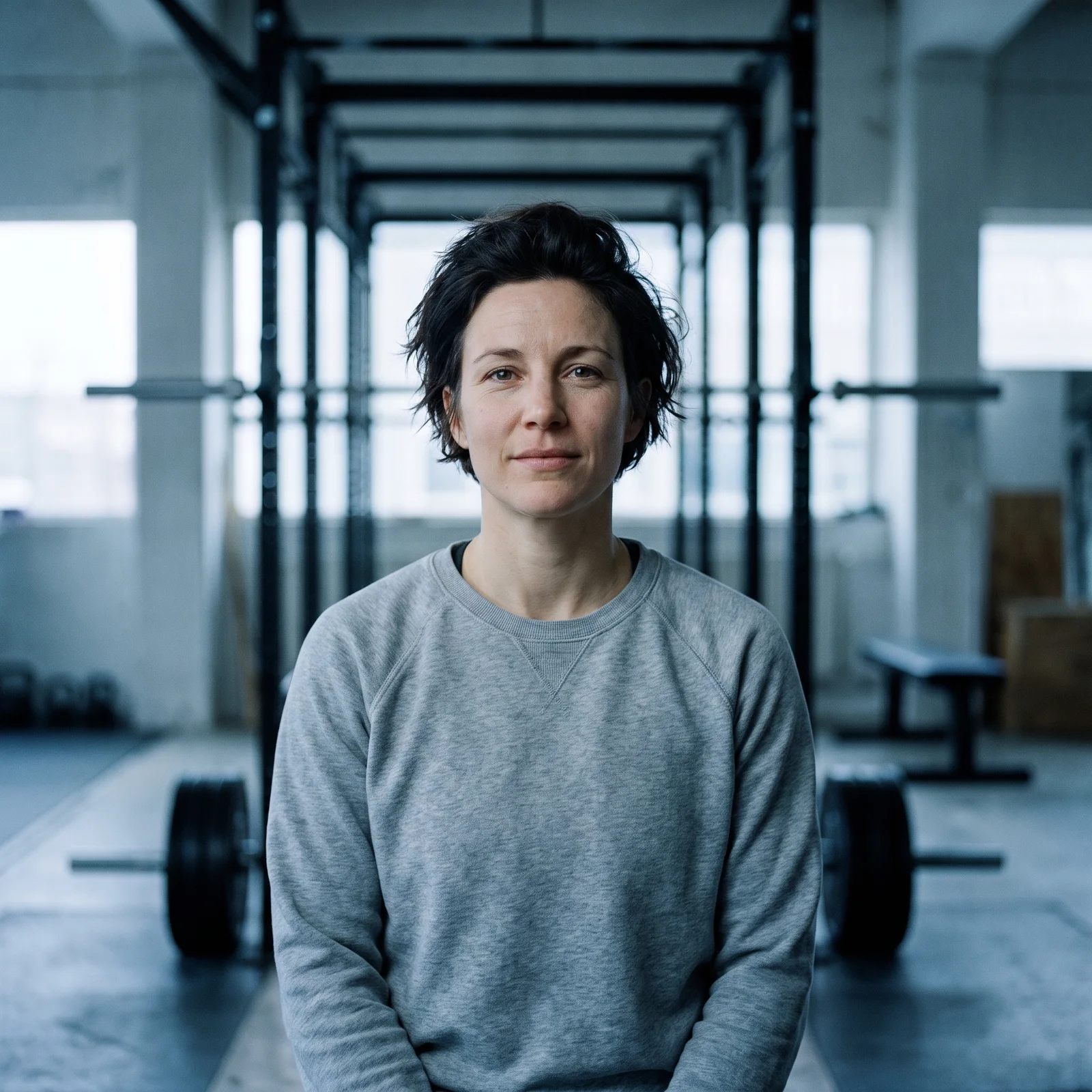 Headshot of Dana, a coach with short dark hair in a grey sweatshirt, a steel rig behind her.