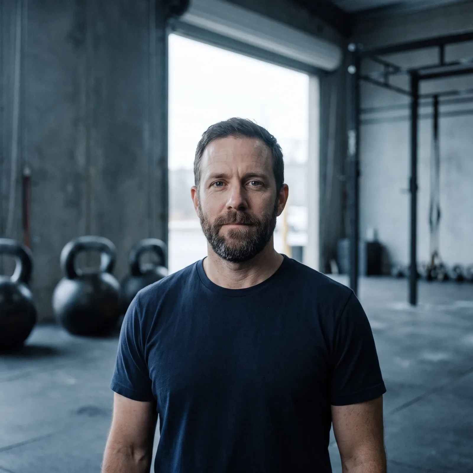 Headshot of Marcus, a bearded coach in a navy t-shirt, kettlebells behind him.