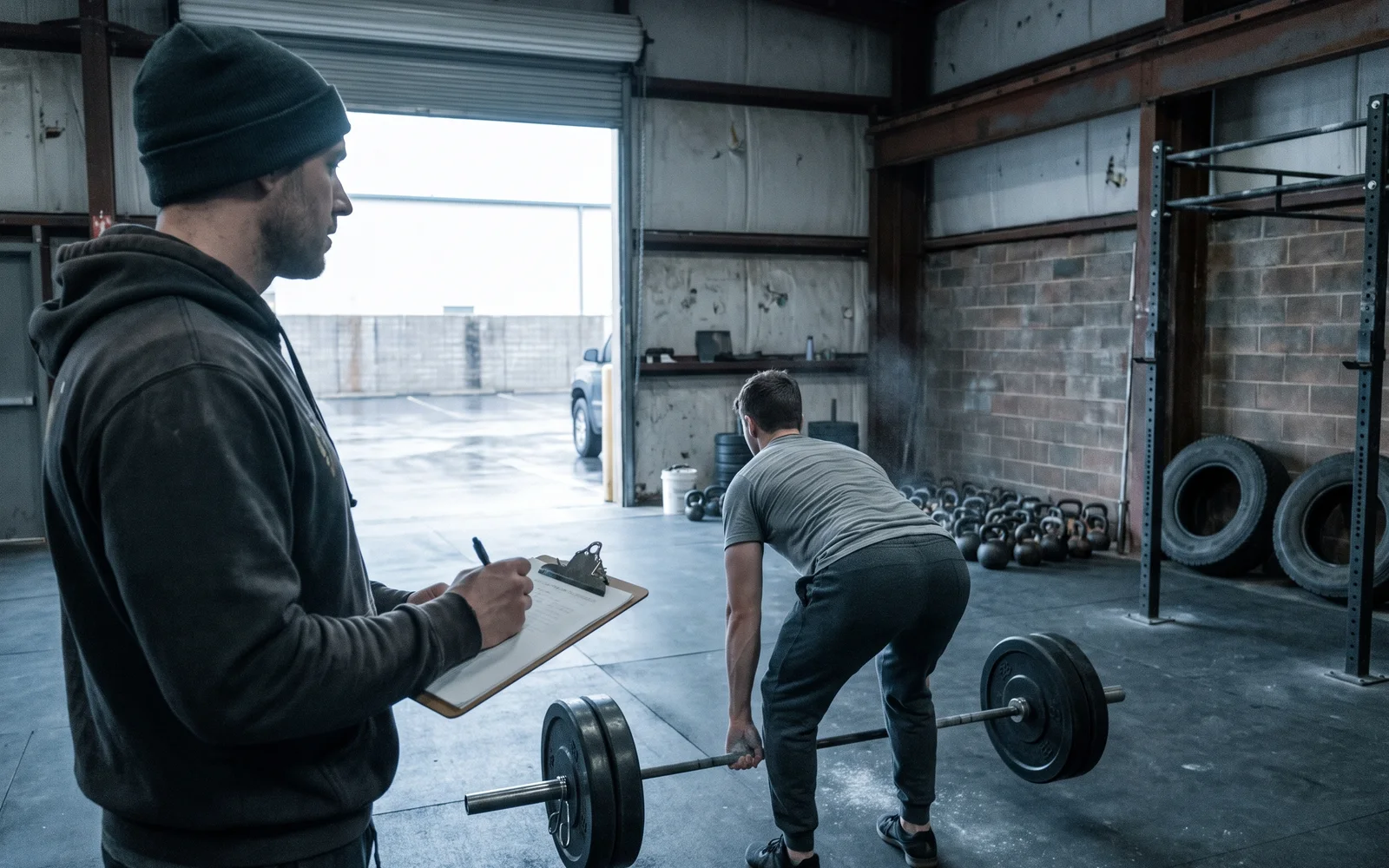 A coach in a grey hoodie makes notes on a clipboard while an athlete sets up a deadlift in a warehouse gym.