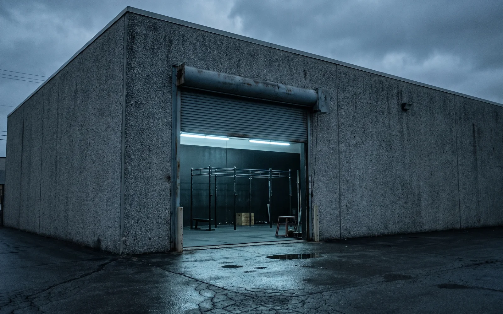 A small concrete gym at dusk with its roll-up door half open and a steel rig lit inside.