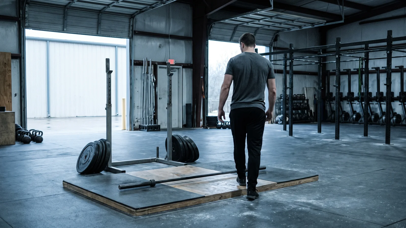 An athlete seen from behind walking toward a lifting platform with an empty barbell and bumper plates, rows of squat racks and open roll-up doors behind him.