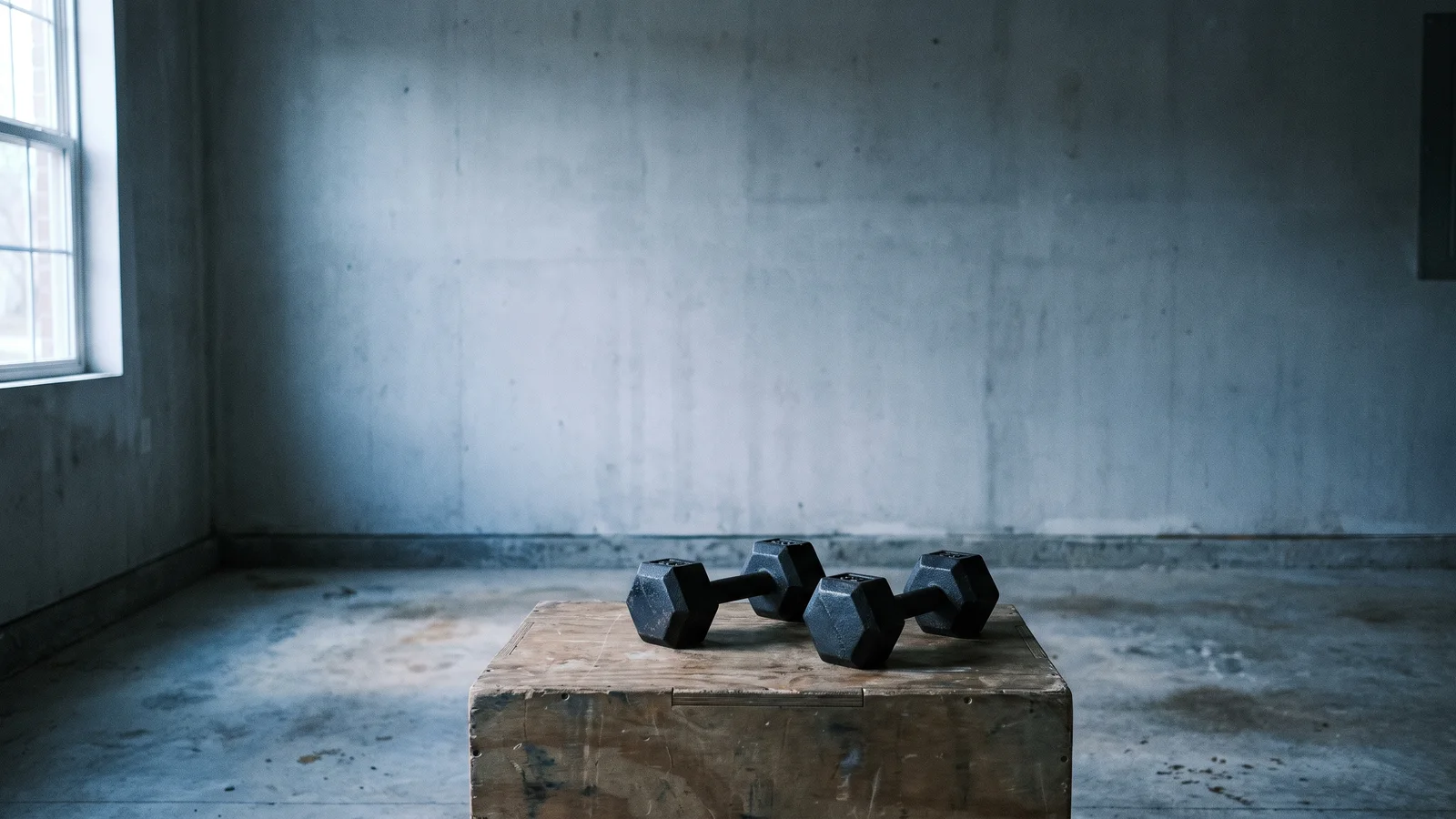 A pair of hex dumbbells resting on a worn wooden plyo box in an empty concrete room, cool daylight coming through a tall window on the left.