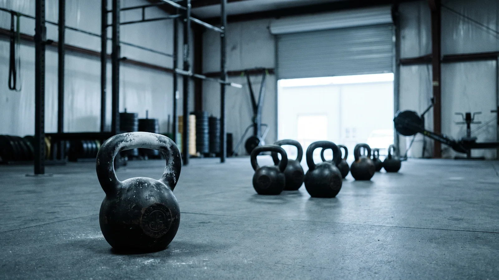 A chalk-dusted kettlebell in the foreground of a warehouse gym, a row of smaller kettlebells behind it, steel rigs and bumper plates along the wall, and a roll-up door open to grey daylight.