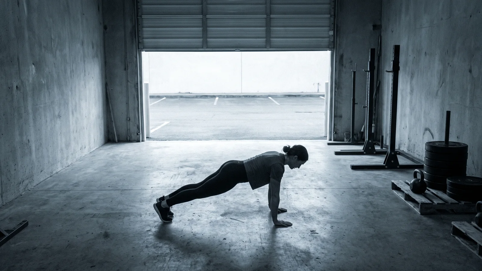 An athlete in profile holding the top of a push-up on a concrete floor inside a garage gym, the roll-up door open to an empty parking lot, squat stands and a stack of bumper plates against the wall.