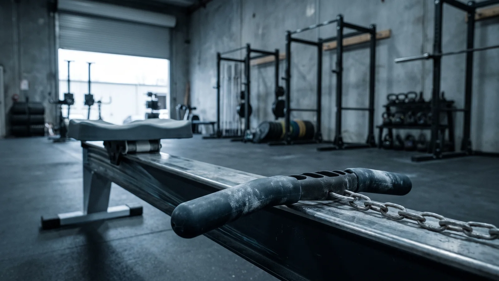 An indoor air rower on a concrete floor in a large steel-framed gym, more rowers, a bike, and a line of kettlebells by the open roll-up doors behind it.