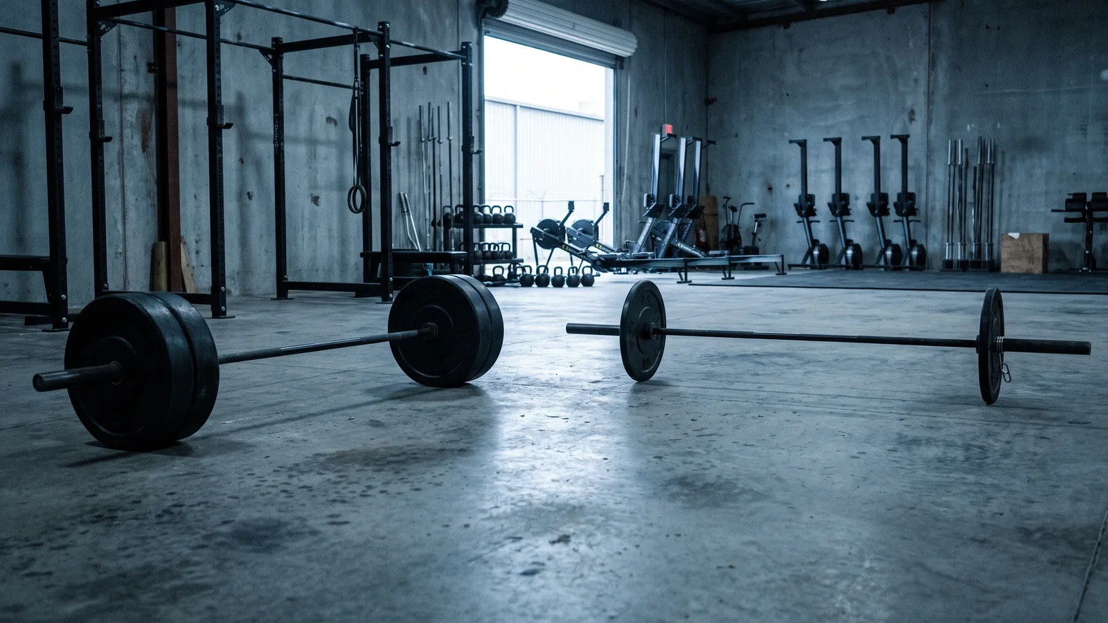 Two barbells on a concrete gym floor, one loaded with heavy bumper plates and one with light technique plates, squat racks and a row of rowers in the background.