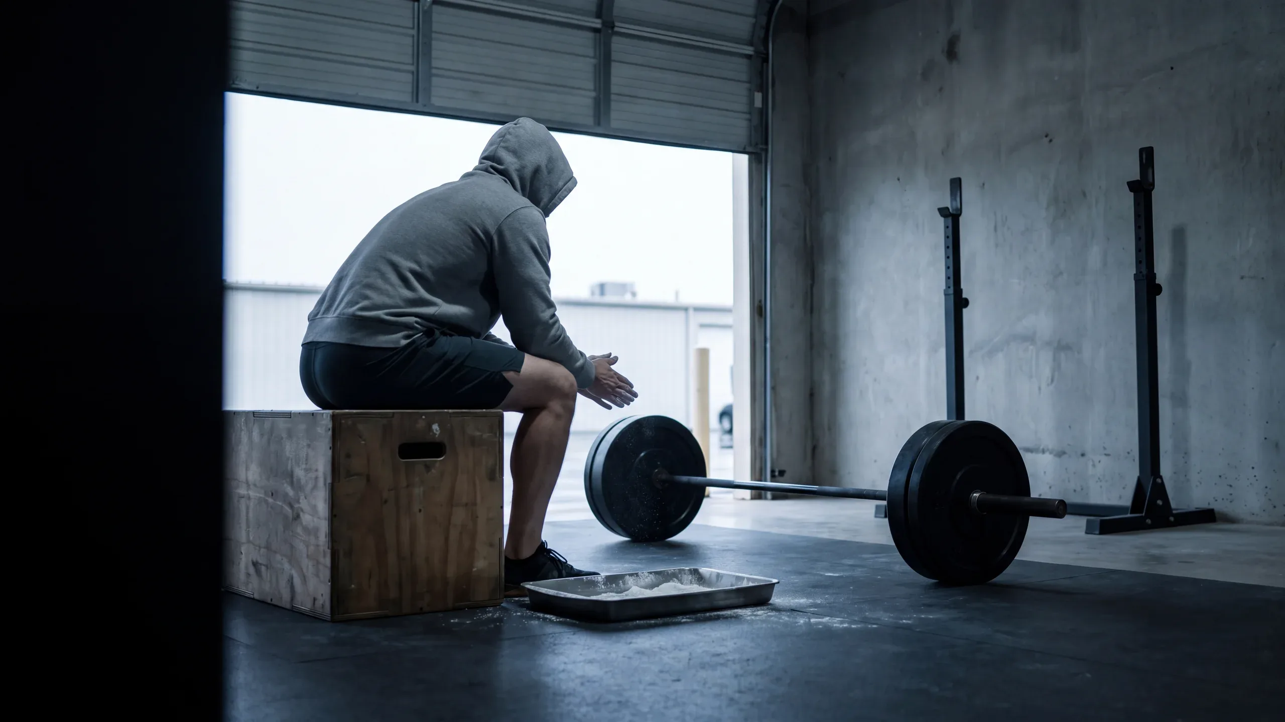 An athlete in a hooded sweatshirt sits on a plyo box chalking their hands beside a loaded barbell, a roll-up door open to grey morning light.