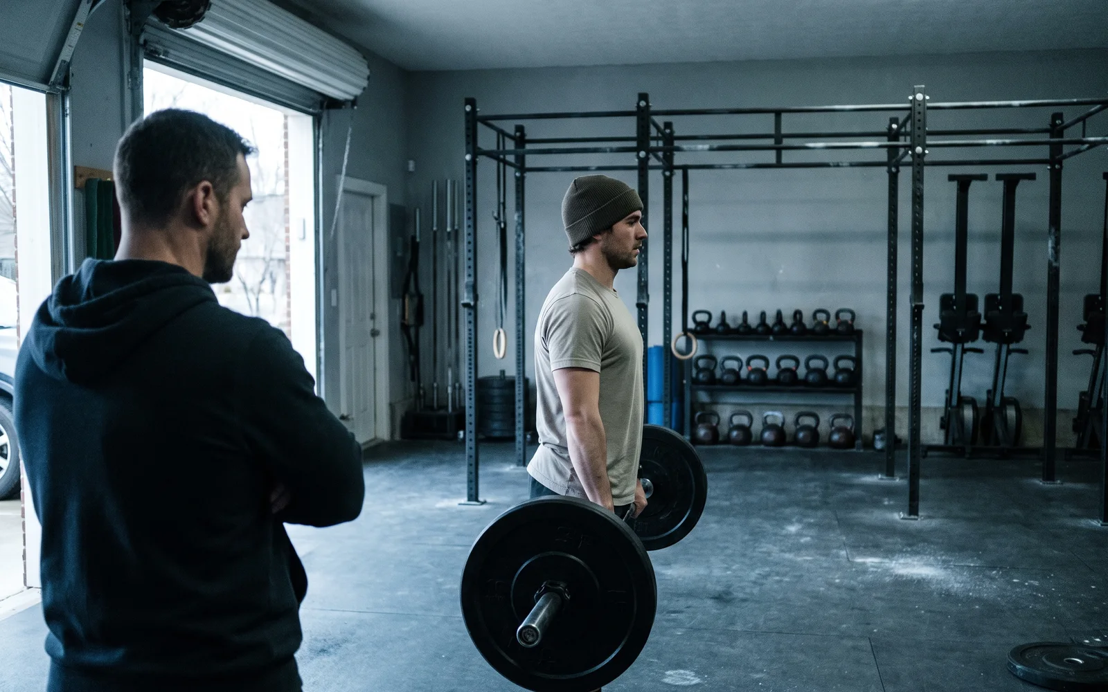A coach with arms folded watches an athlete set up a deadlift in a garage gym, the roll-up door open behind them.