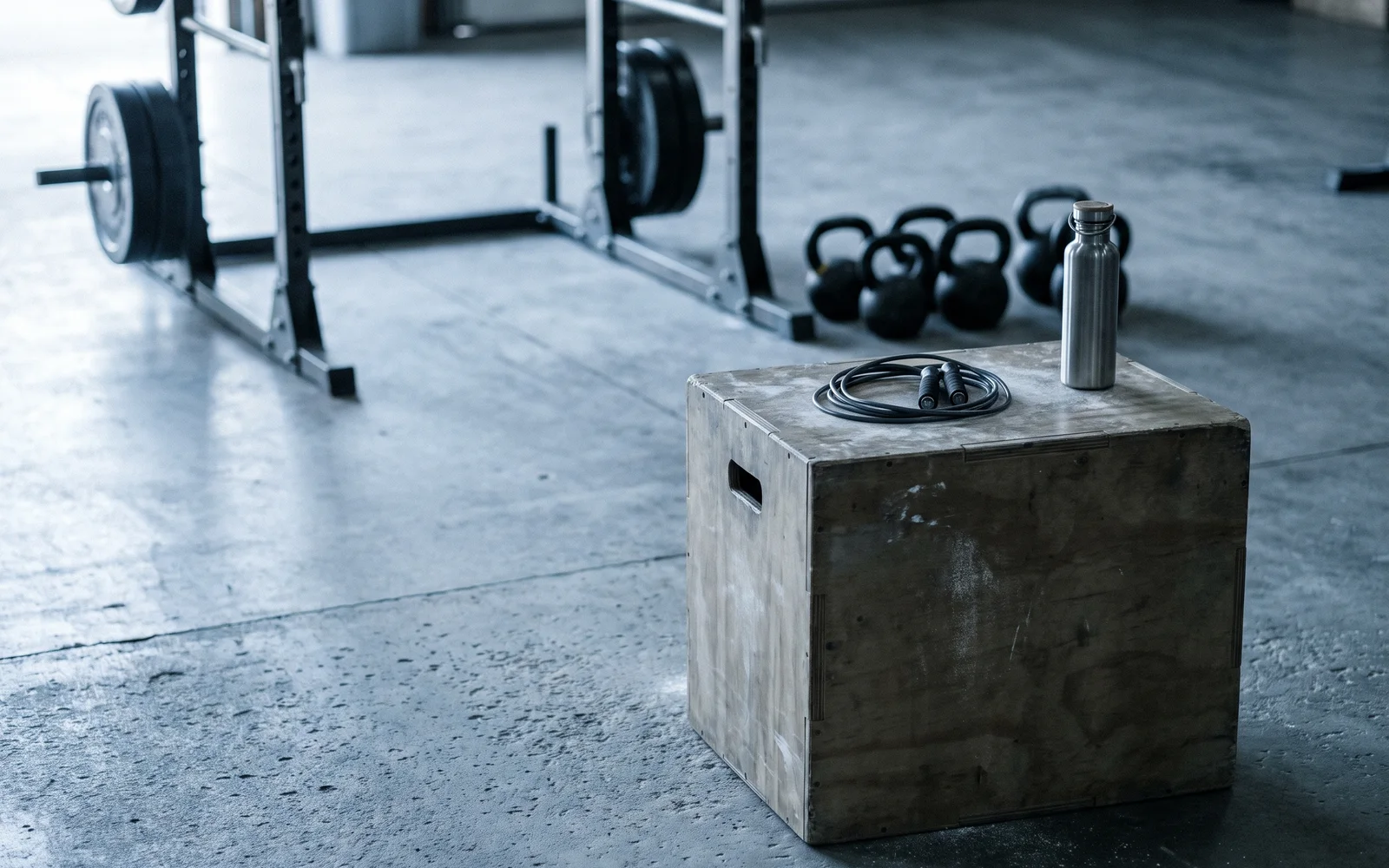A worn wooden plyo box with a jump rope coiled on top and a steel water bottle beside it on a concrete gym floor.