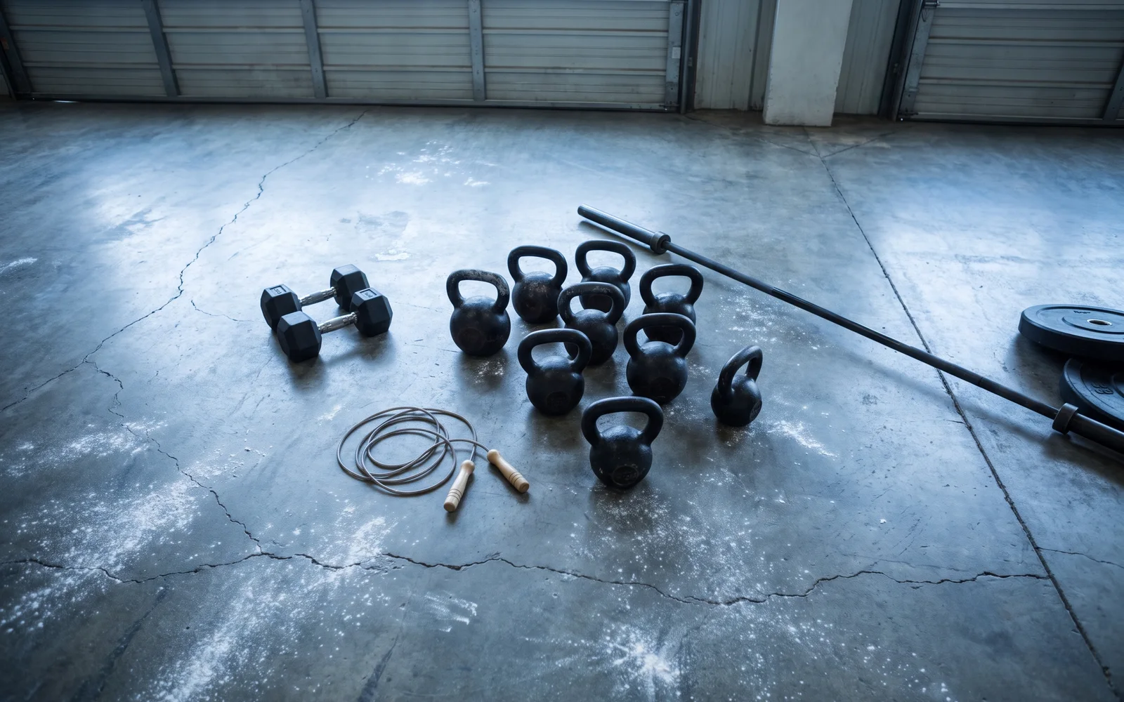 Kettlebells of several sizes, a pair of dumbbells, a jump rope, and an empty barbell on a cracked, chalk-dusted concrete floor in front of closed roll-up doors.